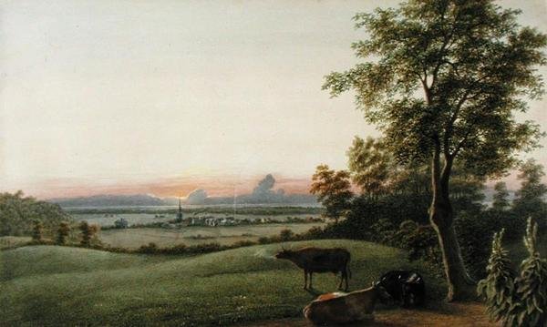 Sunrise - Flatbush and the Ocean från Greenwood Cemetery, Long Island, New York, ca 1830-40 (akvarell, gouache och grafit på papper) av George Harvey