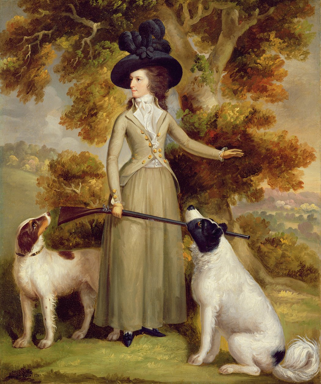 Grevinnan av Effingham med vapen och skjutande hundar, 1787 av George Haugh