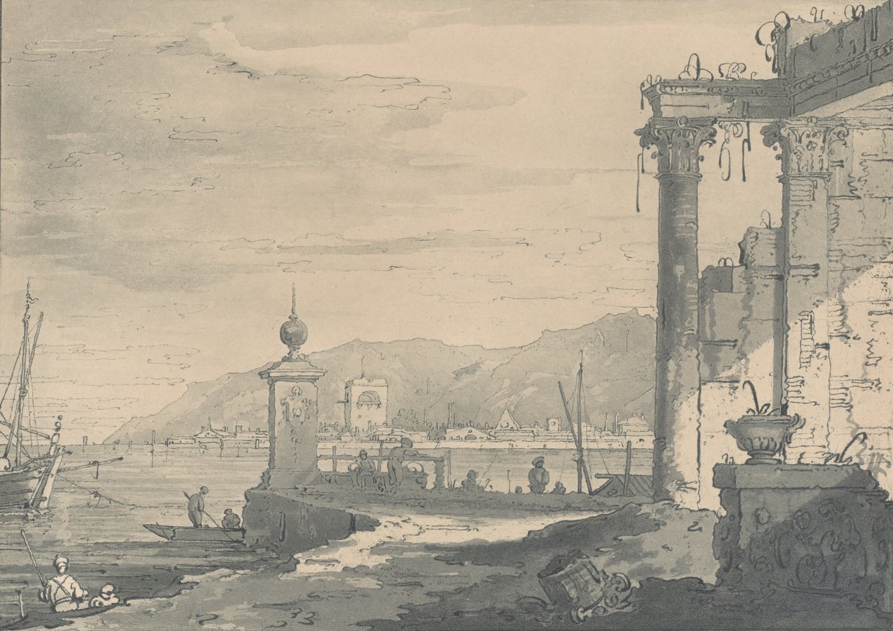 En kustscen med en klassisk ruin till höger, 1811. av George Hawkins