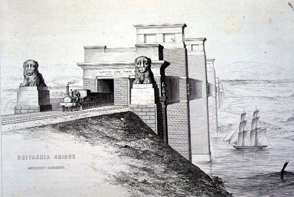 Britannia Bridge, Anglesey Entrance, graverad av konstnären, pub. 1849 (litho) (för färg se 122445) av George Hawkins