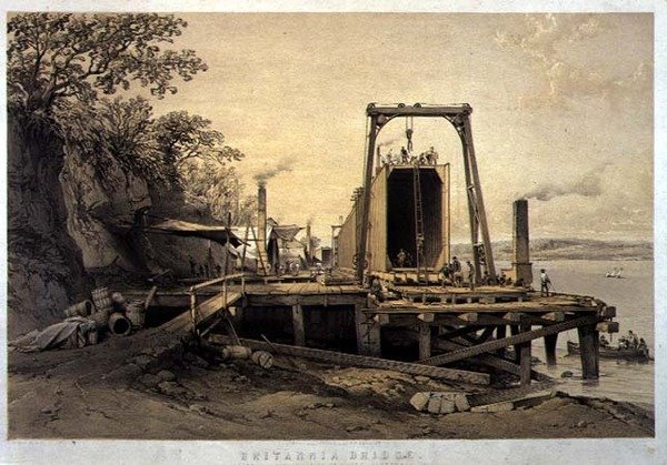 Britannia Bridge, plattform och konstruktion av rör, september 1848, graverad av konstnären, pub. 1849 (lito) av George Hawkins