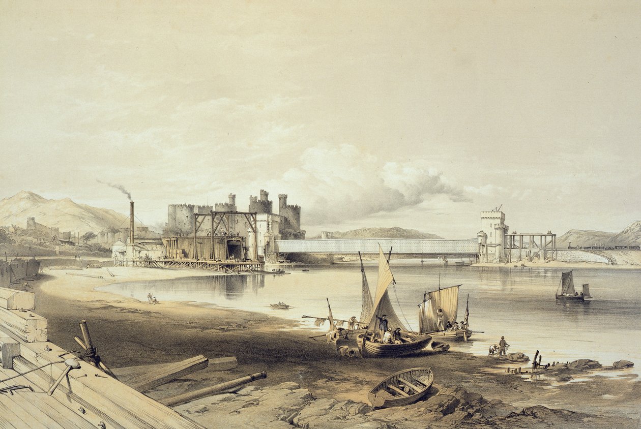 Conway Bridge, byggandet av det andra röret, september 1848, graverat av konstnären av George Hawkins
