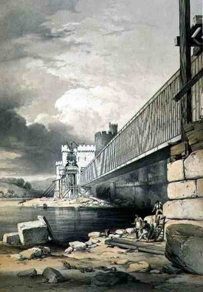 Conway Tubular Bridge, med Preparations for Raising the Second Tube, pub. 1849 (litho) av George Hawkins