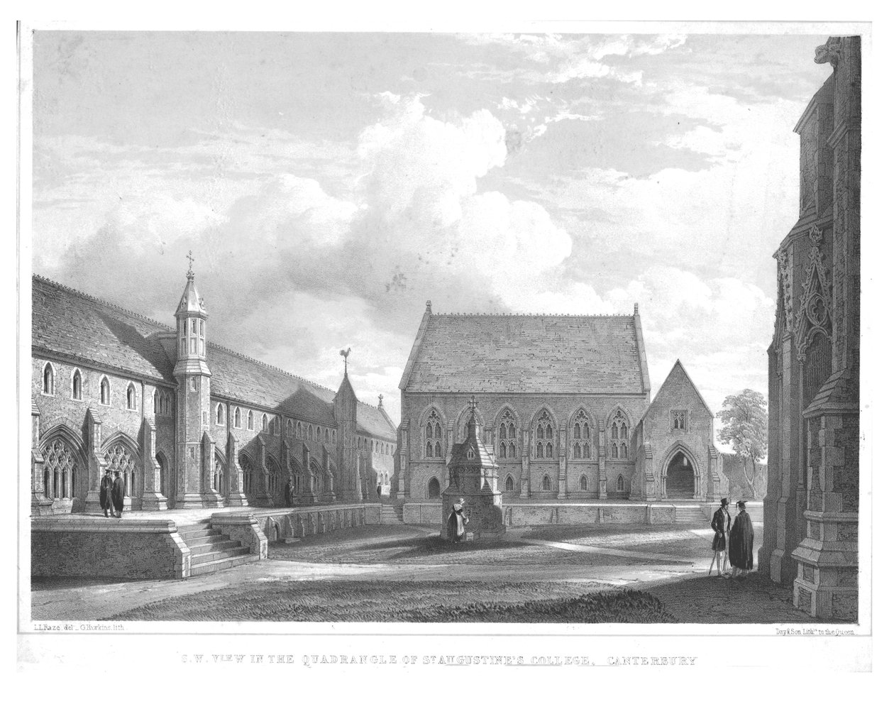 S.W. Utsikt i fyrkanten av St. Augustines College, Canterbury, c1847. av George Hawkins