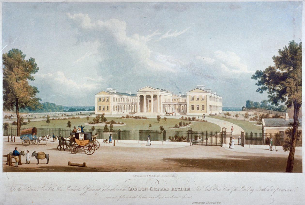 Sydvästlig utsikt över London Orphan Asylum i Lower Clapton, Hackney, London, c1830 av George Hawkins