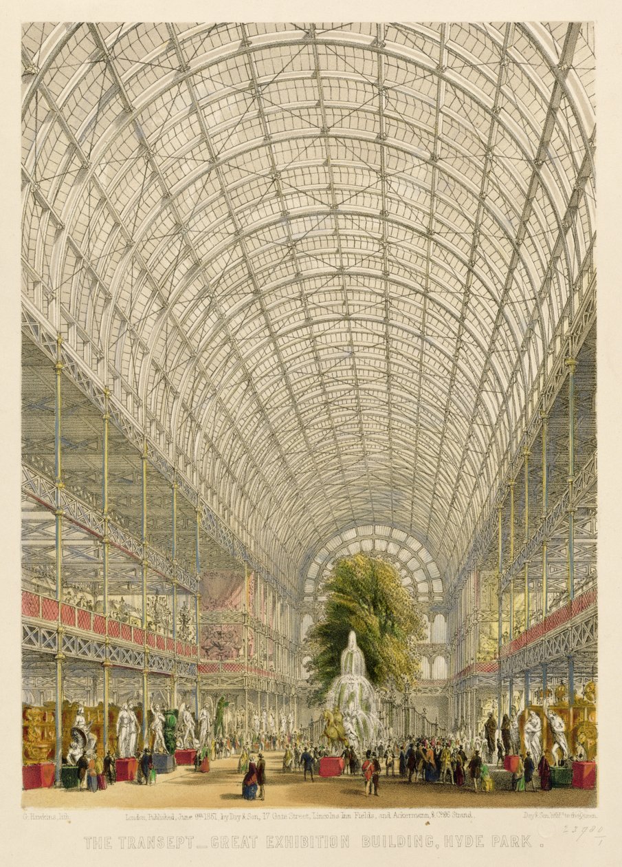 Transept av Crystal Palace, pub. av Day and Son und Ackermann und Co. (färgad litho) av George Hawkins
