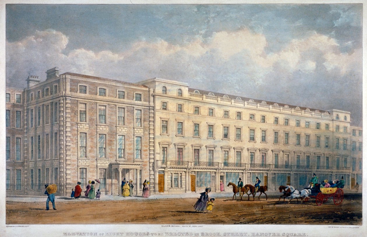 Vy över åtta hus i Brook Street, Westminster, London, c1840 av George Hawkins