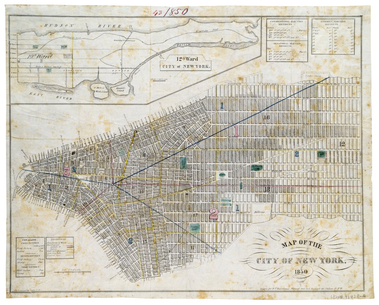 Karta över staden New York, 1850 (svart bläck, med färgtvätt, på papper) av George Hayward