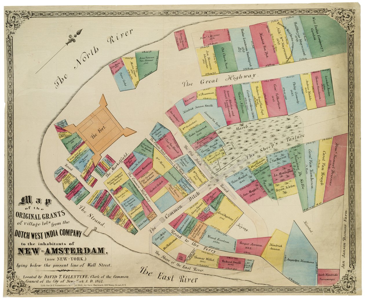 Karta över de ursprungliga anslagen av bytomter från det holländska västindiska kompaniet till invånarna i New-Amsterdam (nu New-York) som ligger under den nuvarande linjen på Wall Street, 1857 (svart bläck, med färg av George Hayward