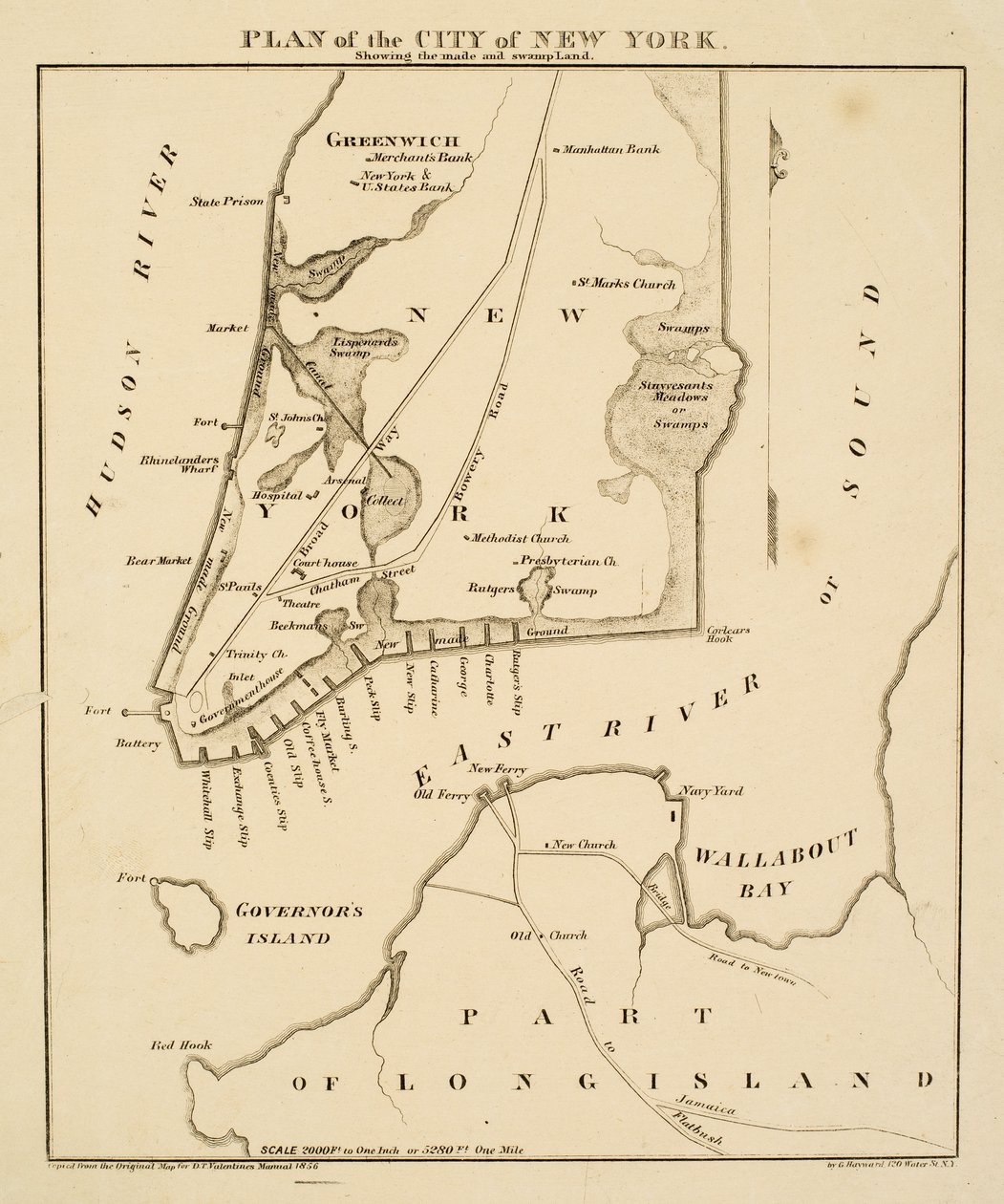 Plan över staden New York som visar det gjorda [sic] och sumpmark, 1856 (svart bläck på papper) av George Hayward