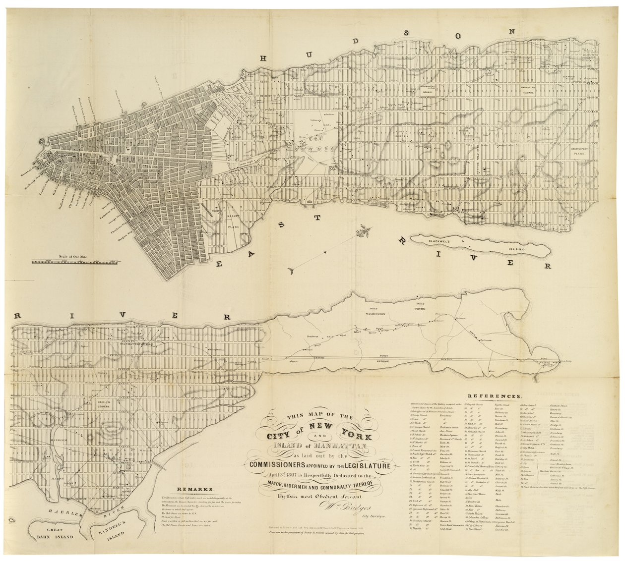 Denna karta över staden New York och ön Manhattan, som den har lagts ut av de kommissionärer som utsetts av lagstiftaren ..., 1853 (svart bläck på papper) av George Hayward