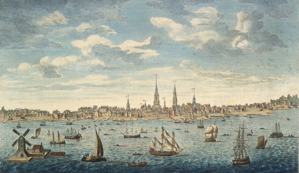 En östlig utsikt över staden Philadelphia, i provinsen Pennsylvania, i Nordamerika: taget från Jersey Shore, pub. London, 1774 (handfärgad gravyr) av George Heap