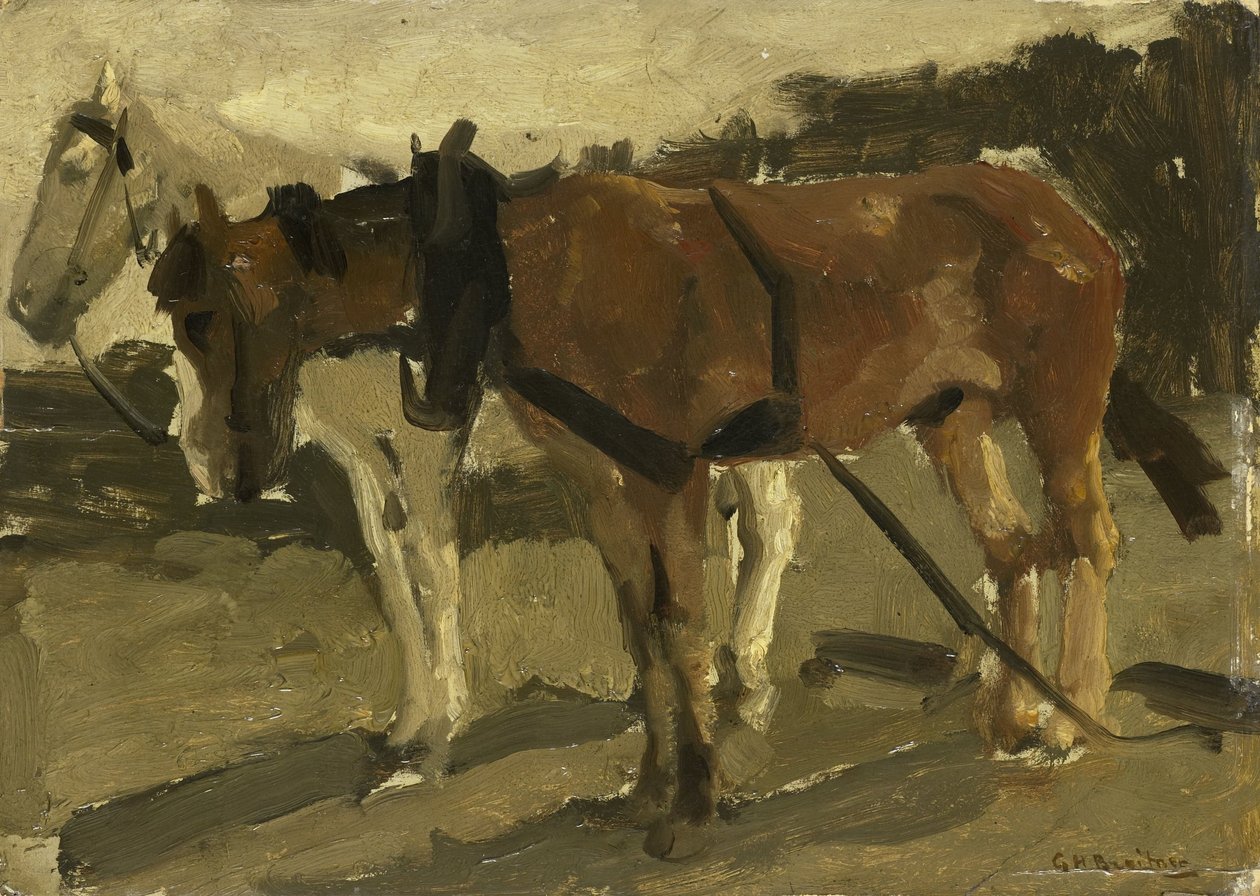 En brun och en vit häst i Scheveningen av George Hendrik Breitner