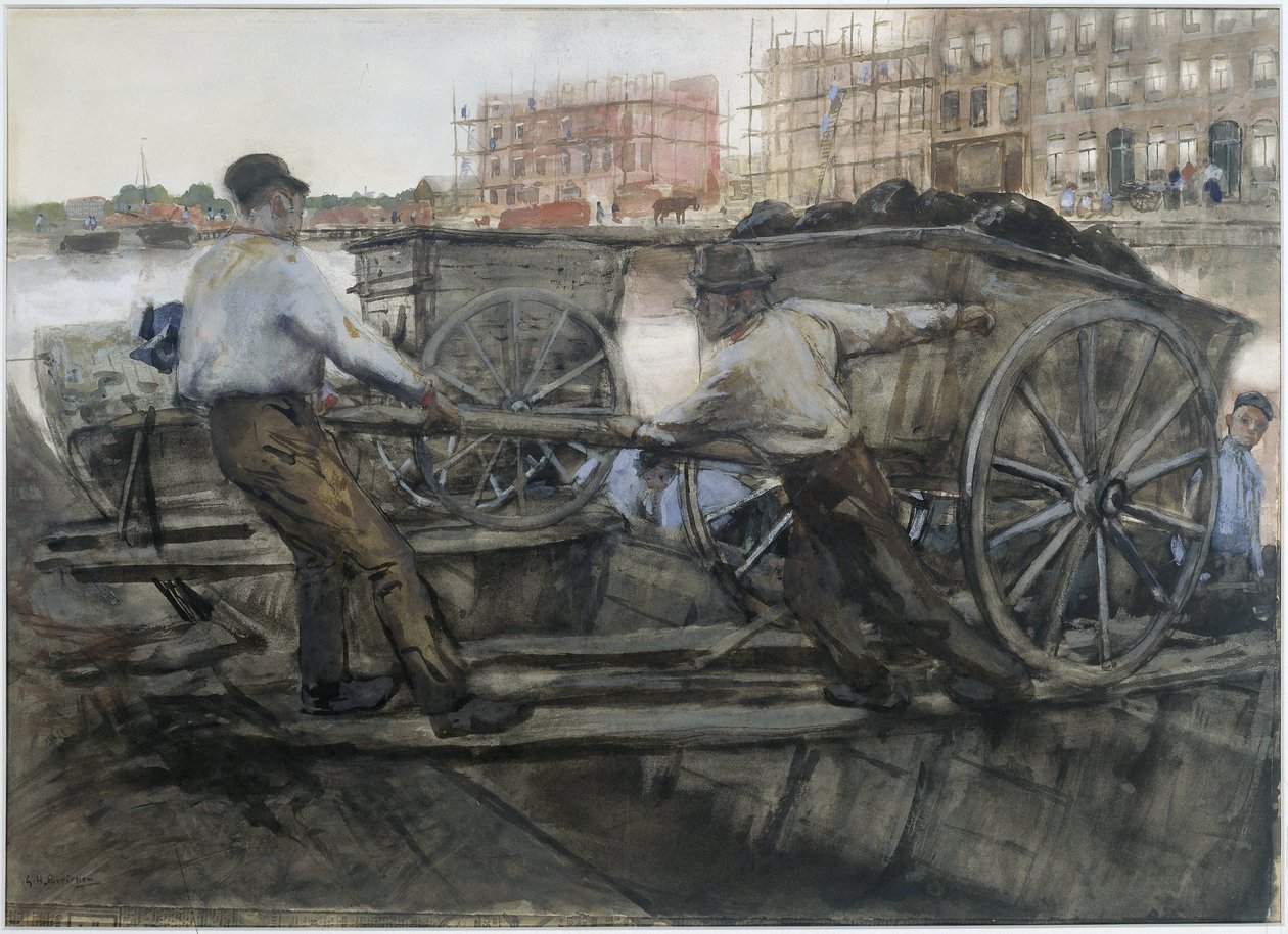 Arbetare som drar en tungt lastad vagn på Jacob van Lennepkade, Amsterdam av George Hendrik Breitner