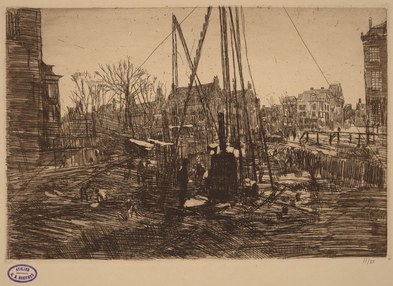 Scen i en nederländsk stad med pålkran i förgrunden av George Hendrik Breitner