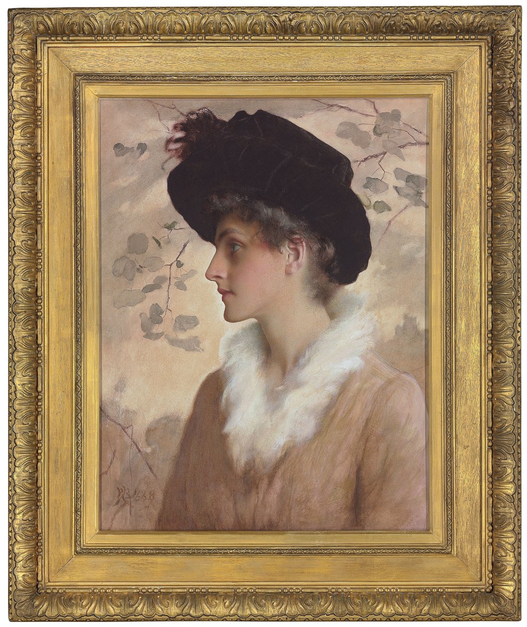 Porträtt av en dam, halvlångt, iklädd en svart hatt och pälsstol, 1888 av George Henry Boughton