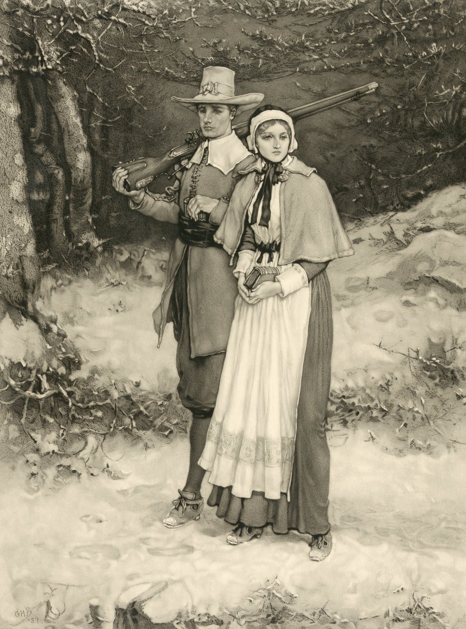 Puritanskt par på väg till söndagsgudstjänst, graverad av Thomas Gold Appleton, 1885 av George Henry Boughton