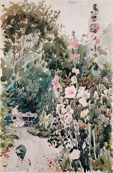 Tea in the Hollyhock Garden, Dives, c.1890 (akvarell och penna på papper) av George Henry Clements