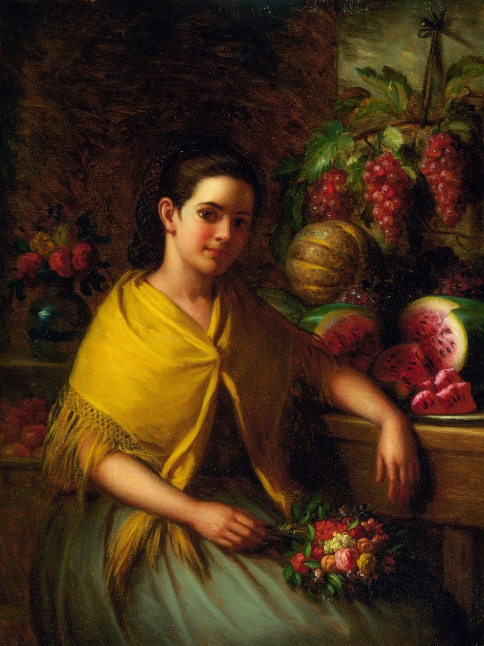 Flicka med stilleben av vattenmelon och druvor av George Henry Hall