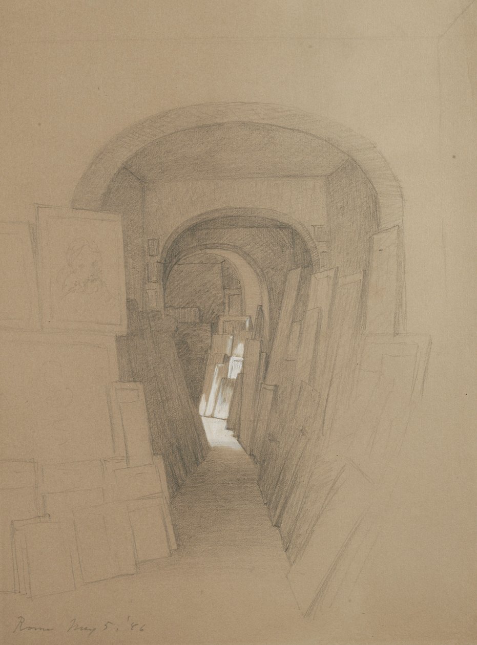 Untitled - Artists studio, Rom, 1886 (grafit förhöjd med vit gouache på brunt vävt papper) av George Henry Hall