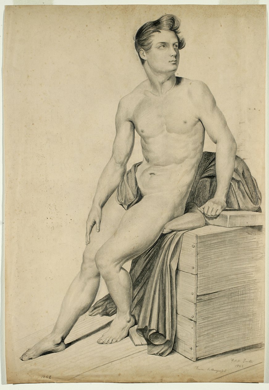 Untitled - Naken man kopierad från en litografi, 1842 (grafit på gulvävt papper) av George Henry Hall