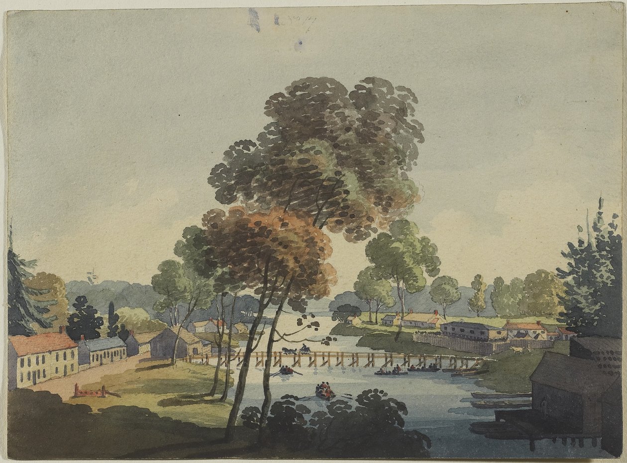 Kijiji cha Chippawa karibu na Maporomoko ya Niagara, c.1801 (wc kwenye karatasi ya kusuka)swed av George Heriot