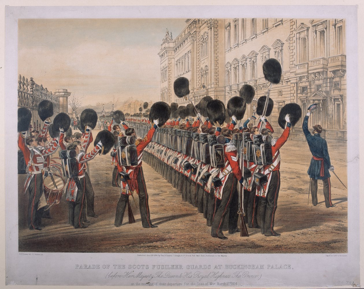 Parad av Scots Fusilier Guards vid Buckingham Palace på morgonen av deras avresa till Seat of War, 2 mars 1854, graverad av E. Walker, publicerad av Colnaghi und Co., 1854 av George Housman Thomas