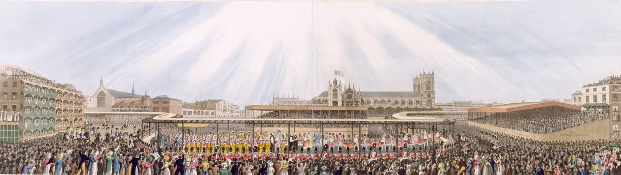 Utsikt över kröningsprocessen av kung George IV från Westminster Hall till Abbey, 19 juli 1821 (akvatint) av George Humphrey