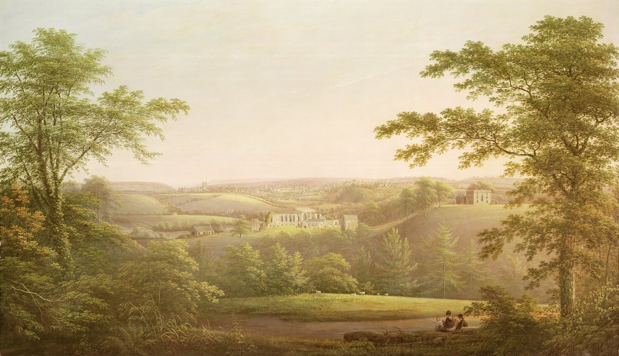 Easby Hall ma Easby Abbey ma Richmond, Yorkshire, i tua, c.1790-1810 swed av George Cuitt