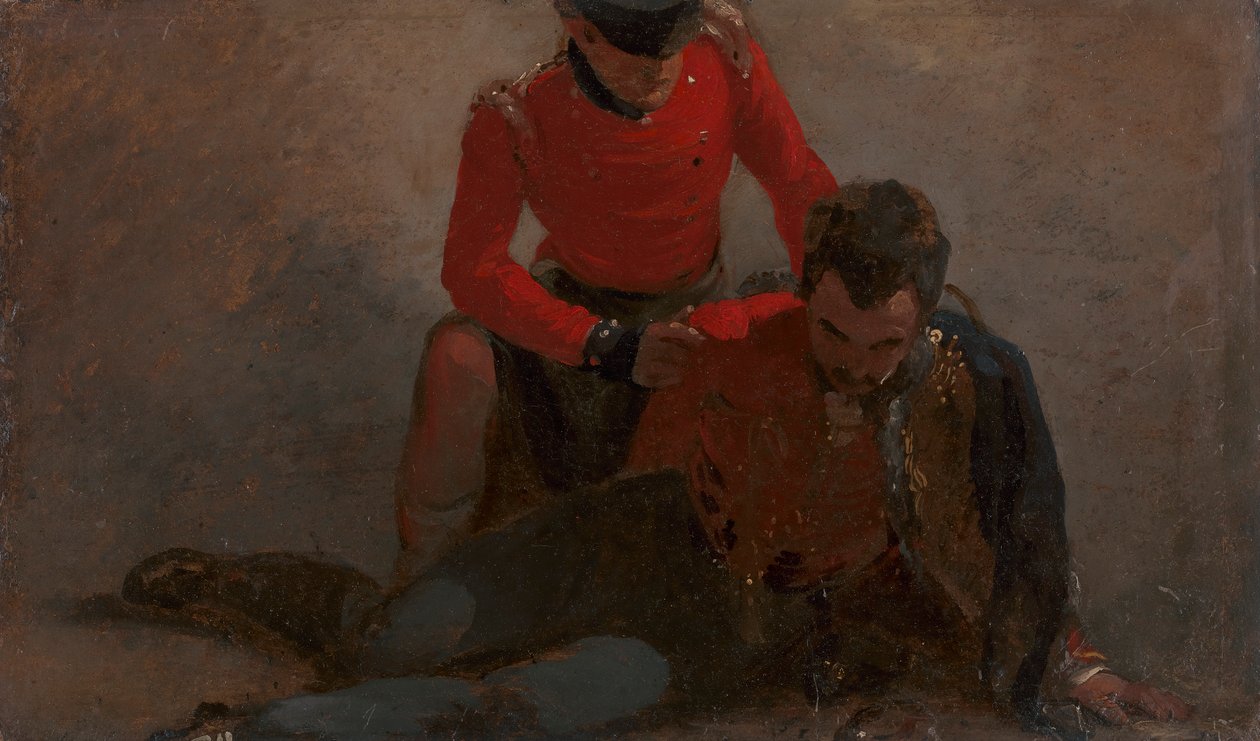 En 42:a Highlander som deltar i en general från de 7:e husarerna, möjligen Henry William Bayly, förste jarl av Uxbridge, senare först markis av Anglesey: en studie för "Slaget vid Waterloo" av George Jones
