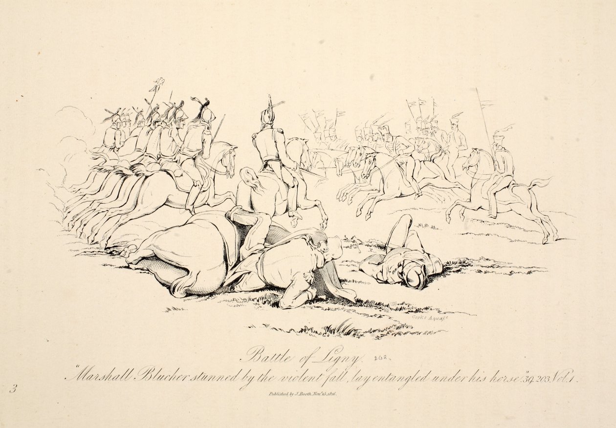 Slaget vid Ligny: Marshall Blucher bedövad av det våldsamma fallet låg intrasslad under sin häst, puben J. Booth, 1816 av George Jones