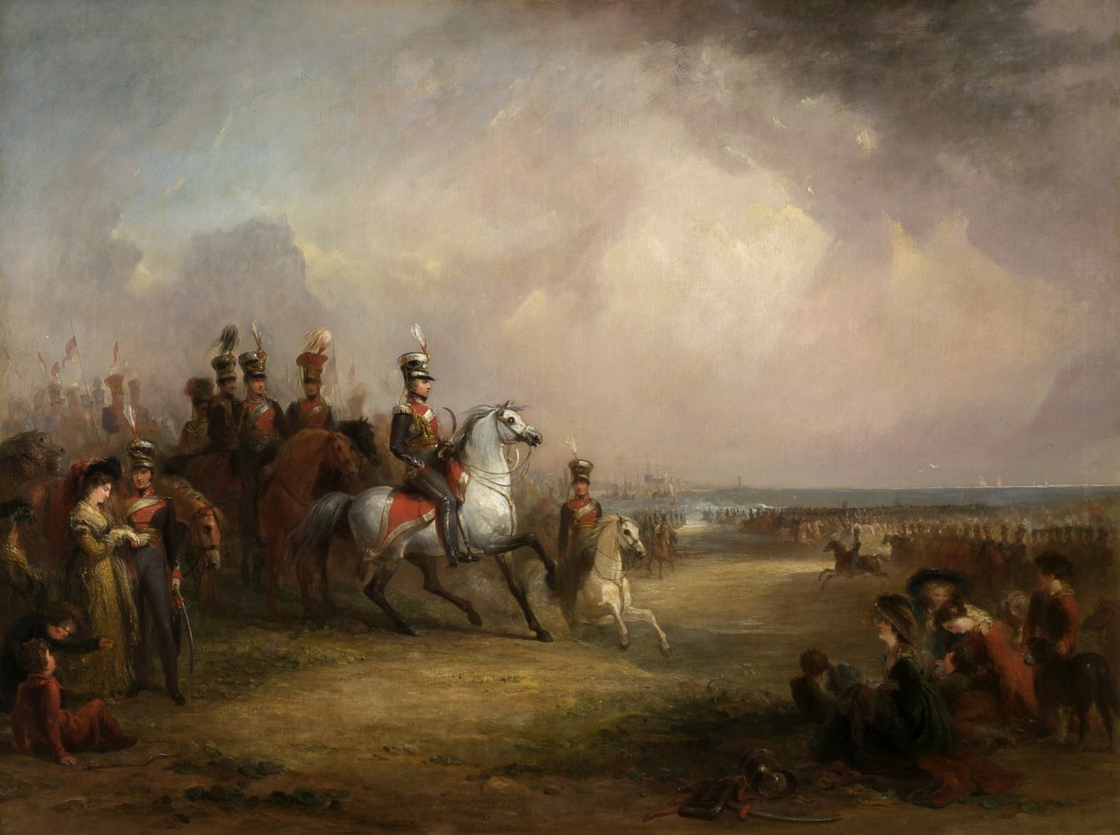 Överste Sir John Leicester, Bt, och Kings Cheshire Yeomanry Cavalry tränar på sanden i Liverpool av George Jones
