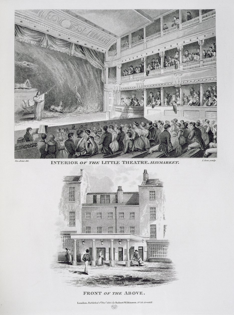 Interiör av Little Theatre, Haymarket i London och Front of the Above, graverad av James Stow (c.1770-1820) 1815 av George Jones