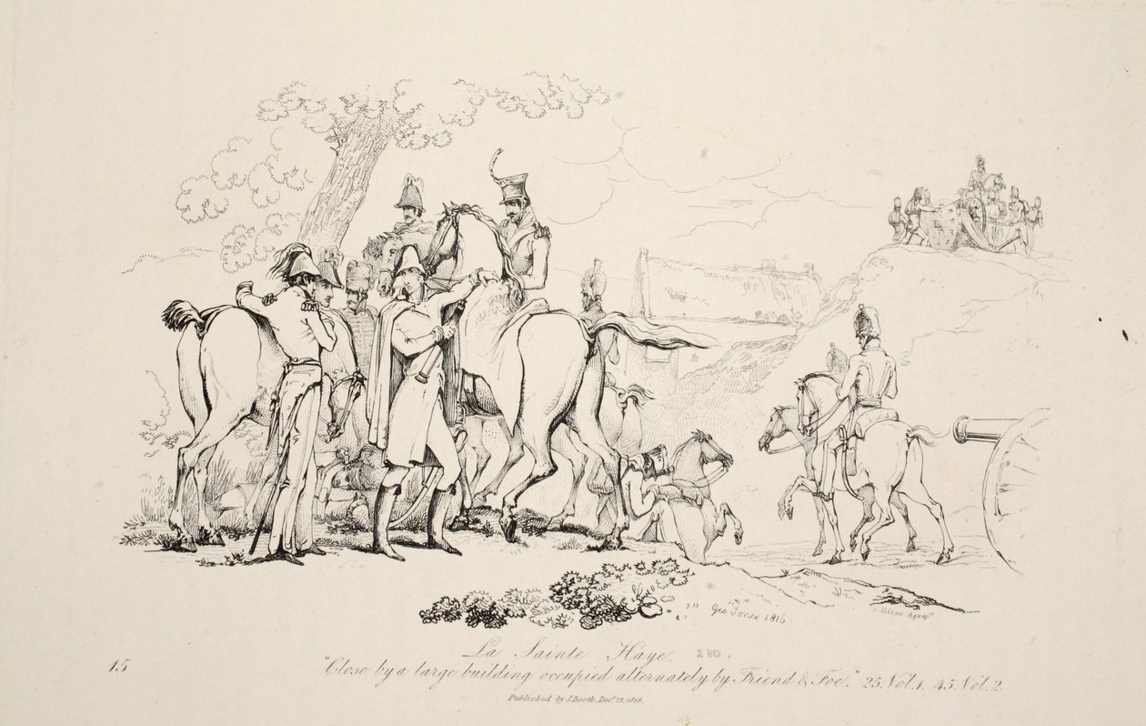 La Sainte Haye: Nära en stor byggnad som växelvis används av vän och fiende, pub. J. Booth, 1816 av George Jones