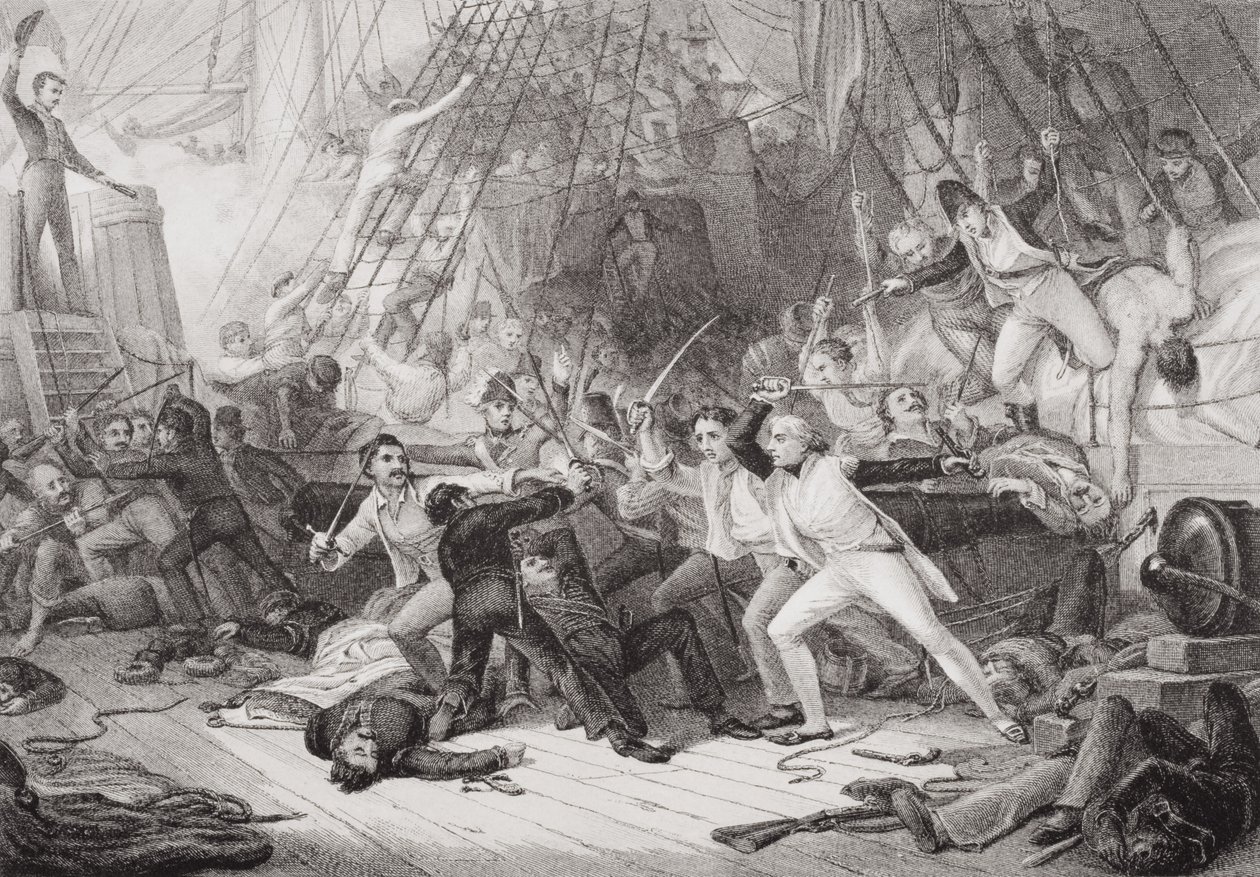 Nelson går ombord på San Josef i slaget vid St. Vincent, 14 februari 1797, från "Illustrationer av engelsk och skotsk historia" volym II av George Jones