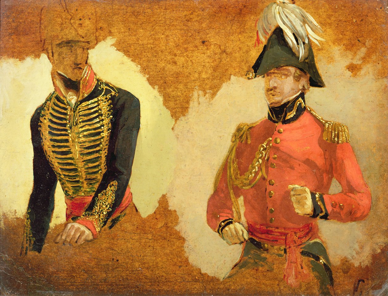 Studier av Royal Horse Artillery Uniform och av en A.D.C. till överbefälhavaren: en studie för "Slaget vid Waterloo" (olja ombord) av George Jones