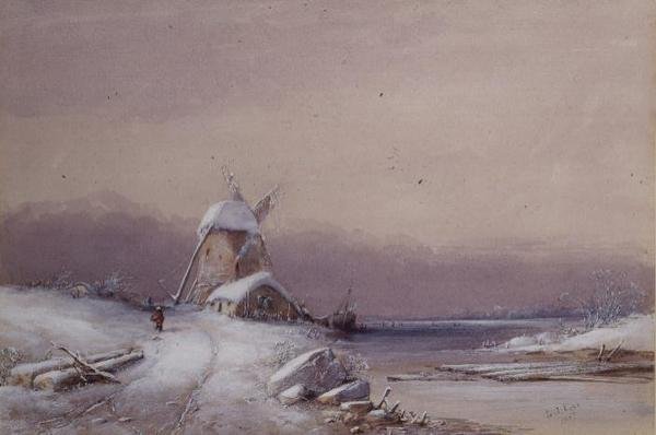 Vinterlandskap (akvarell på papper) av George Knox