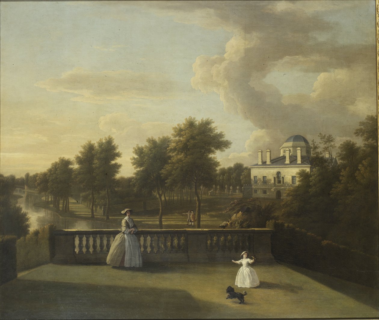 Utsikt över Chiswick Villa från en balkong ovanför kaskaden med sjön av George Lambert