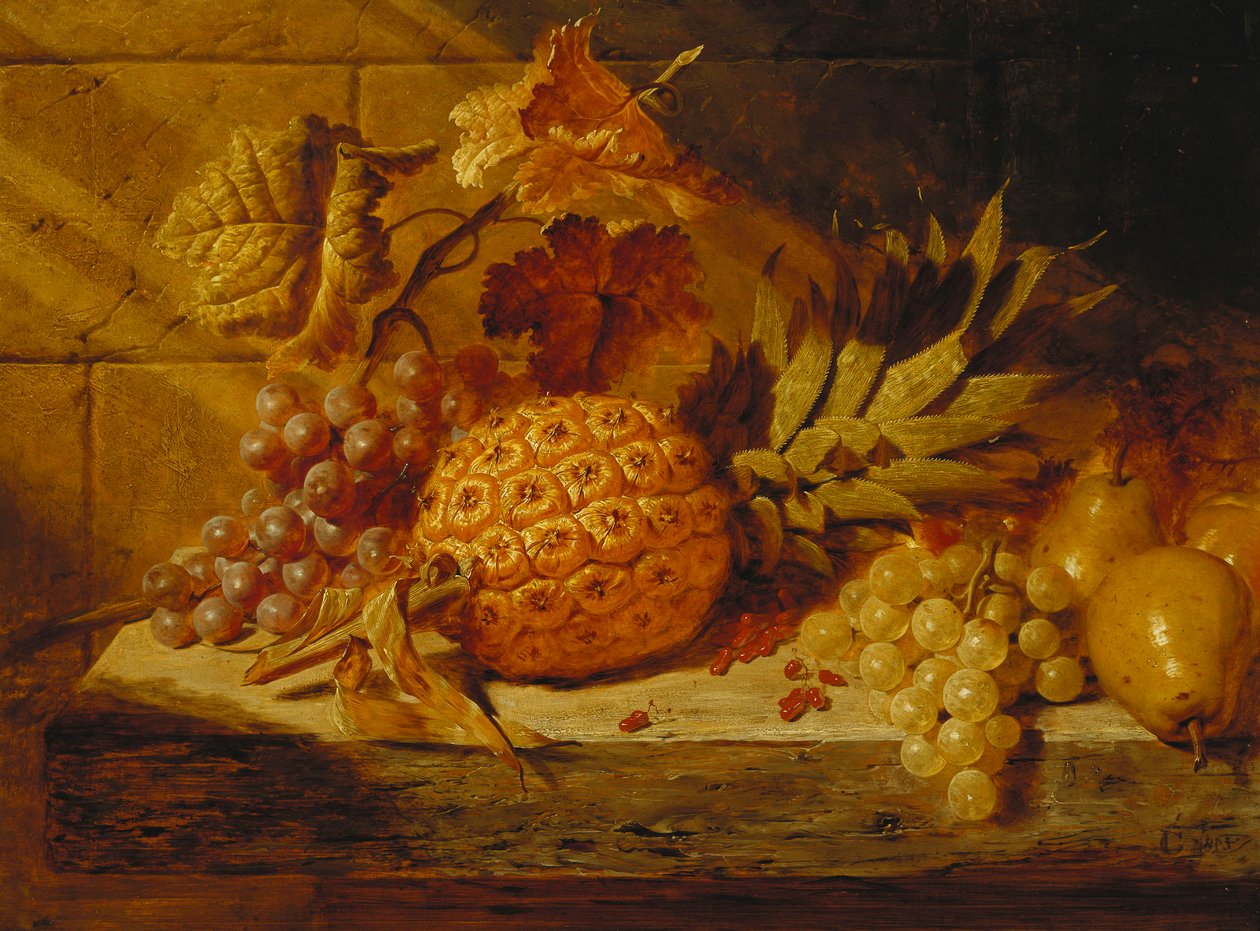 Svarta och vita vindruvor, päron, röda vinbär och en ananas på en avsats, 1845 av George Lance