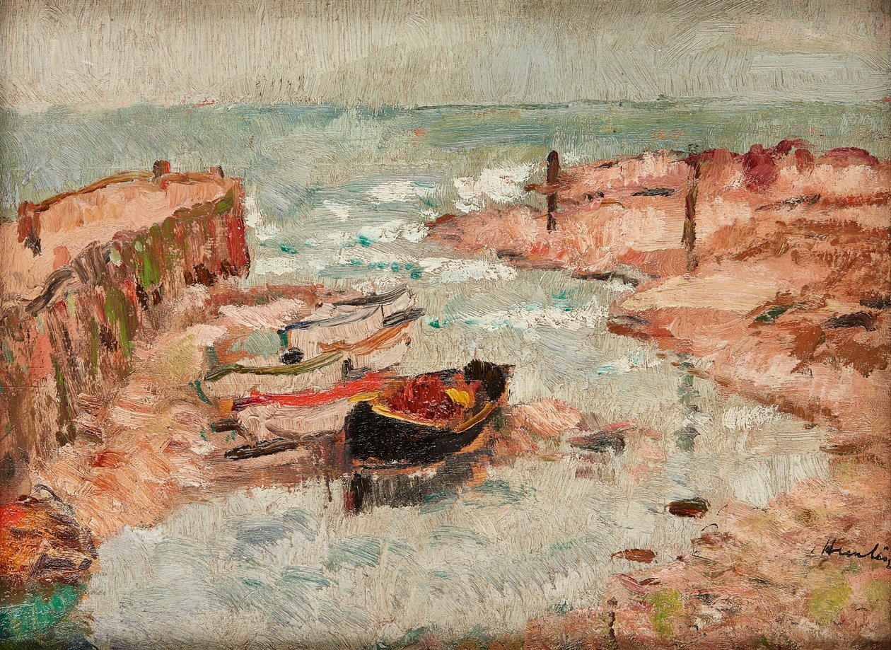 Beached Boats, Lower Largo (olja på panel) av George Leslie Hunter