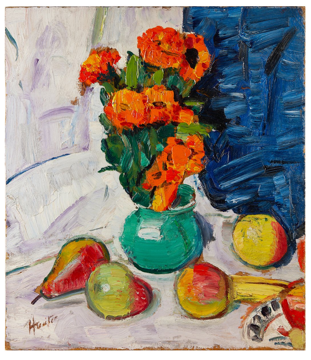 Stilleben med ringblommor (olja ombord) av George Leslie Hunter