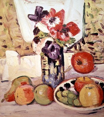 Stilleben av anemoner och äpplen (olja på duk) av George Leslie Hunter