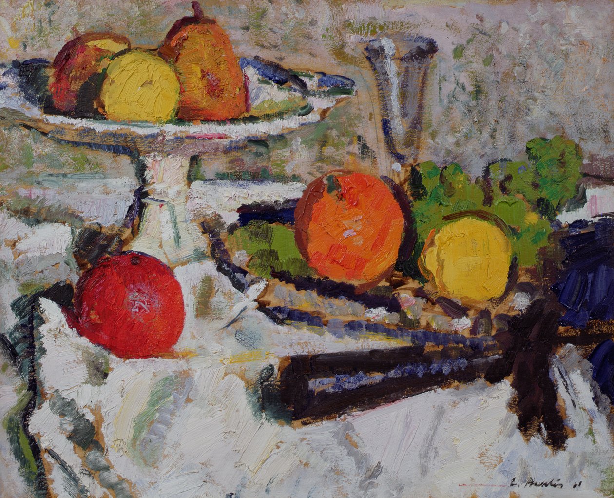 Stilleben av frukt på en vit duk, 1921 av George Leslie Hunter