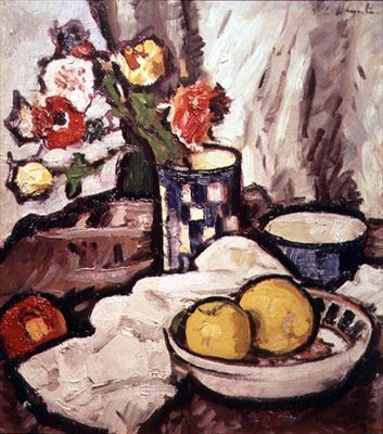 Stilleben av rosor och frukt (olja på duk) av George Leslie Hunter