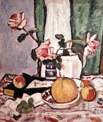 Rosor och grapefrukt i stilleben (olja på duk) av George Leslie Hunter
