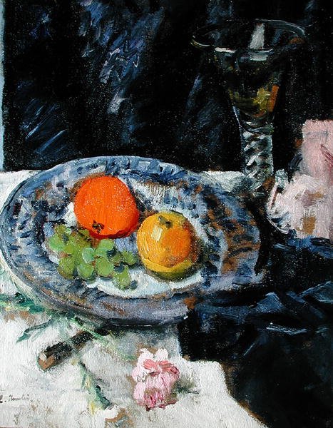Stilleben med frukt (olja på duk) av George Leslie Hunter