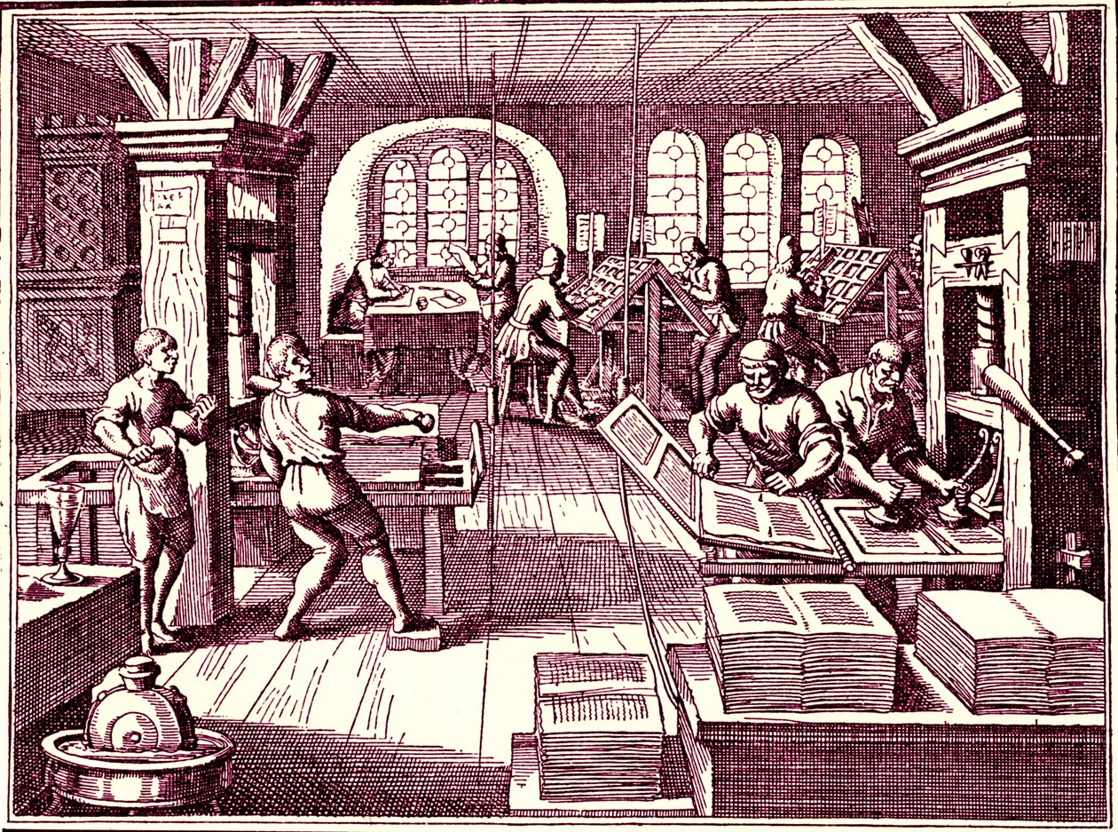 Inuti ett tryckeri, Tyskland 1619 (gravyr) av Bartolome Esteban and studio Murillo