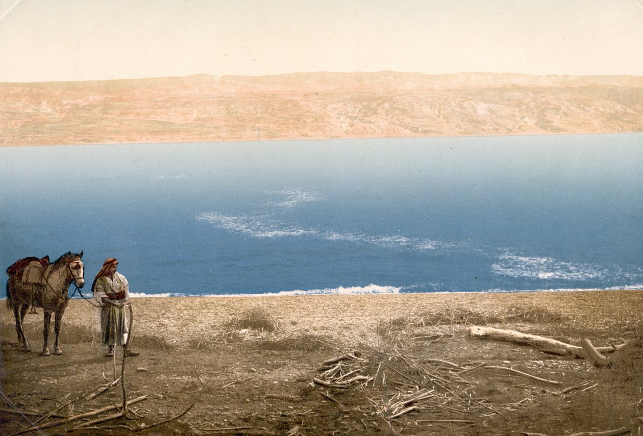 Man med häst som står nära Döda havet, c.1890-c.1900 (fotokromtryck) av Bartolome Esteban and studio Murillo