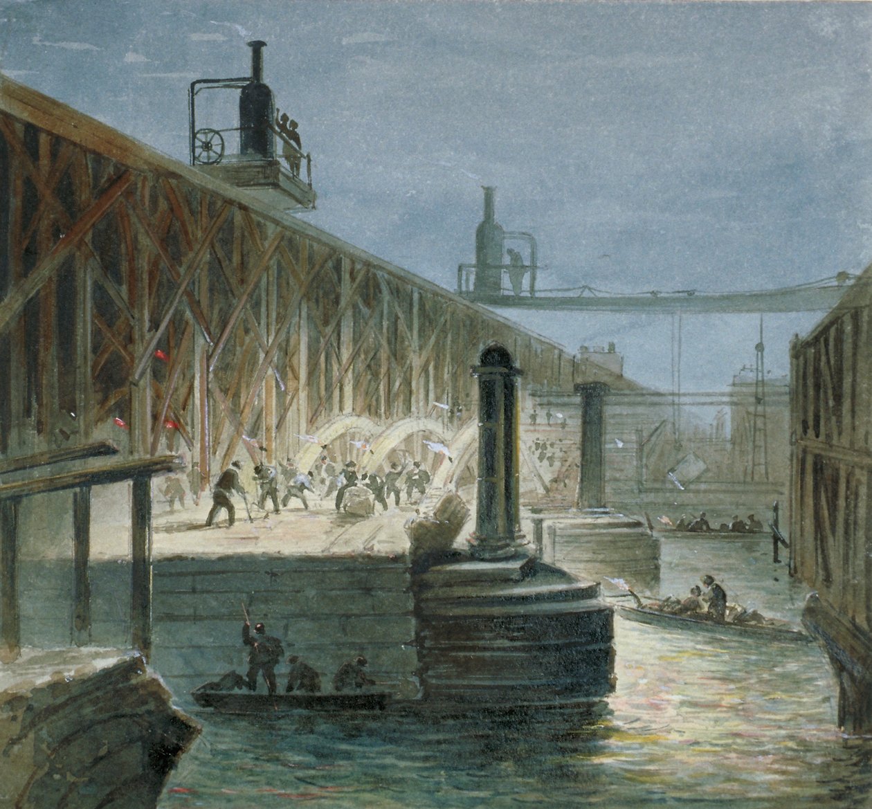 Rivningsarbete utförs på Blackfriars Bridge från Surrey-stranden, London, 1865 av George Maund