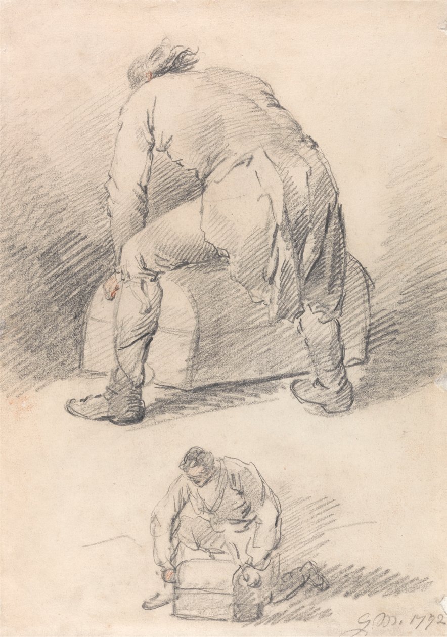 En man som lyfter en koffert, två studier på ett ark av George Morland